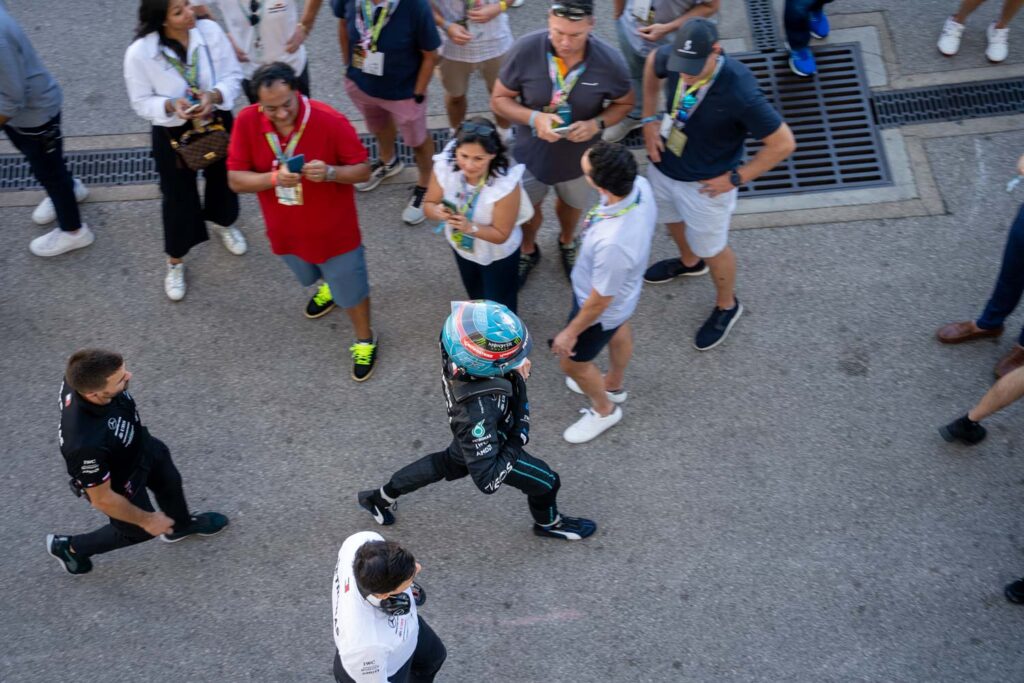 George Russell in the F1 paddock