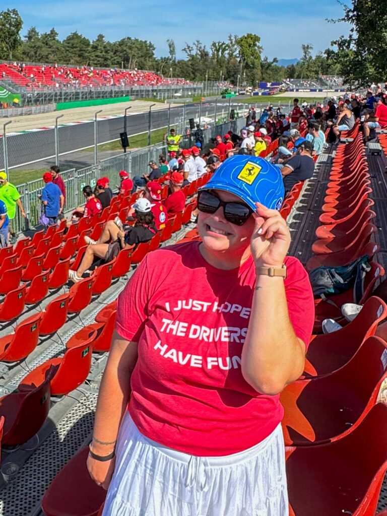 Amanda in a blue Ferrari hat at Monza